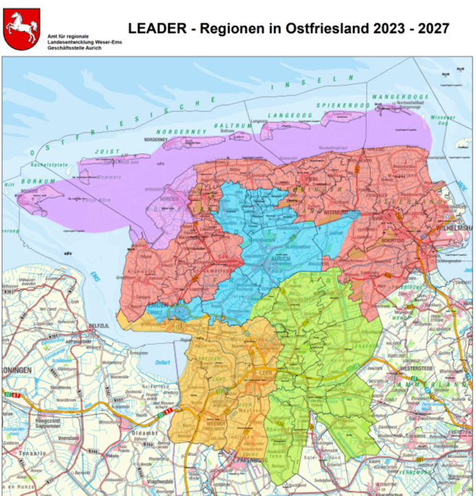 Karte von Ostfriesland mit den LEADER-Regionen